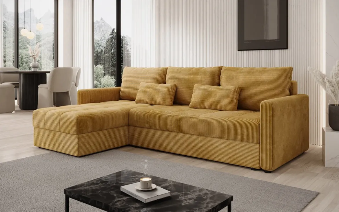 Designer Ecksofa Roma in Cord mit Schlaf- und Klappfunktion