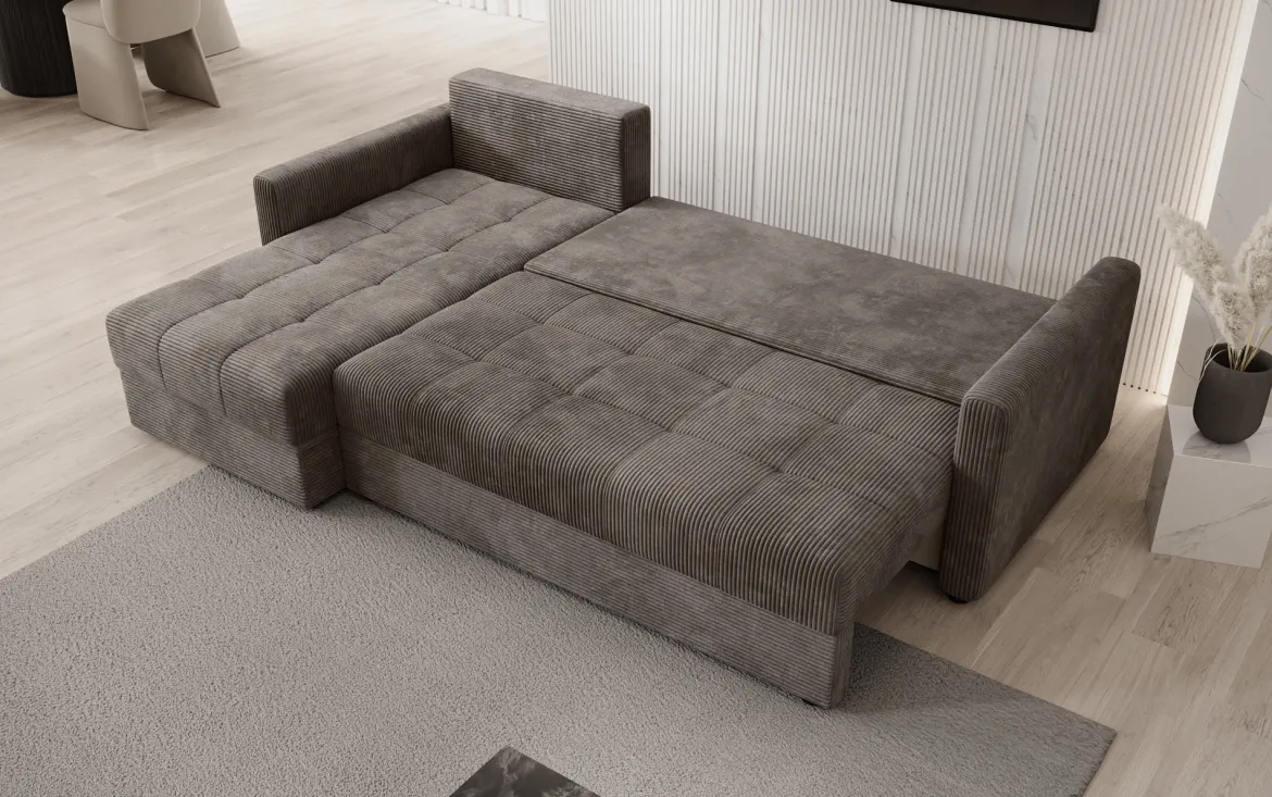 Designer Ecksofa Roma in Cord mit Schlaf- und Klappfunktion