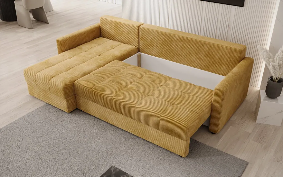 Designer Ecksofa Roma in Cord mit Schlaf- und Klappfunktion