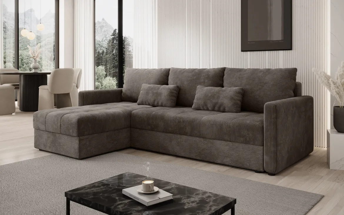 Designer Ecksofa Roma in Cord mit Schlaf- und Klappfunktion