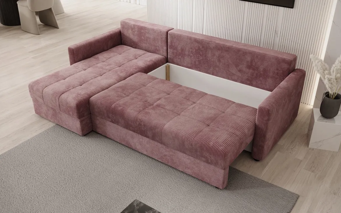 Designer Ecksofa Roma in Cord mit Schlaf- und Klappfunktion