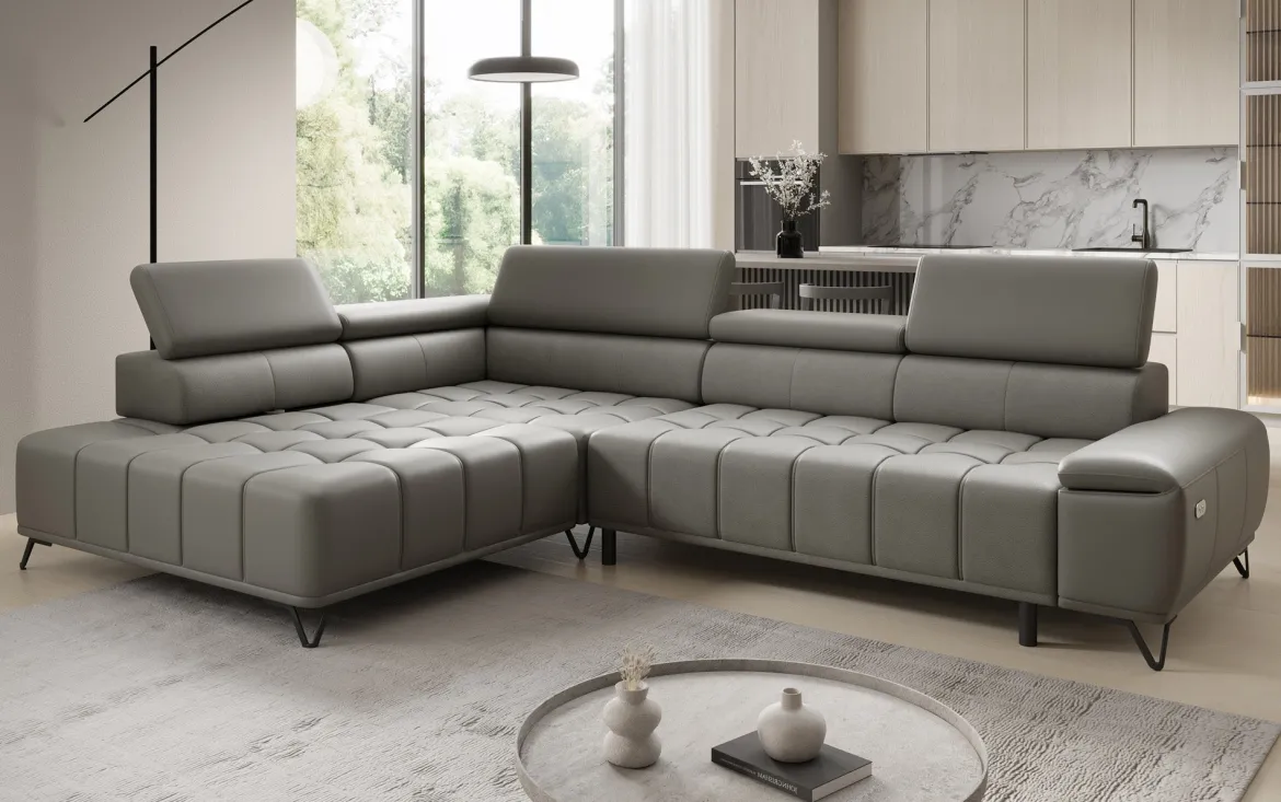 Designer Ecksofa Selora mit elektrischer Schlaffunktion und verstellbarerer Rückenlehne in Echtleder