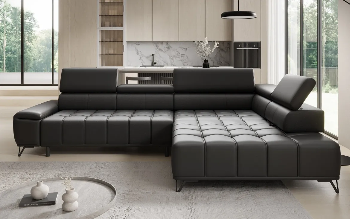 Designer Ecksofa Selora mit elektrischer Schlaffunktion und verstellbarerer Rückenlehne in Echtleder
