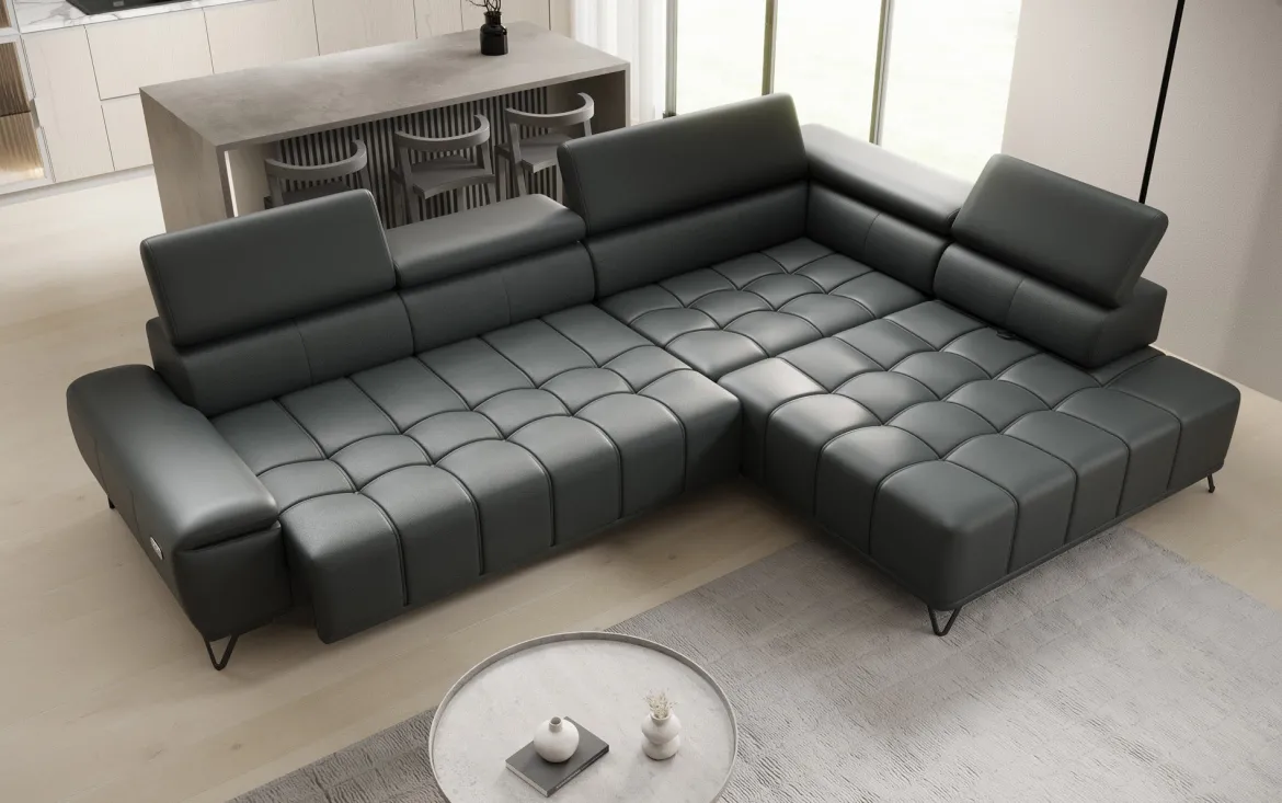 Designer Ecksofa Selora mit elektrischer Schlaffunktion und verstellbarerer Rückenlehne in Echtleder