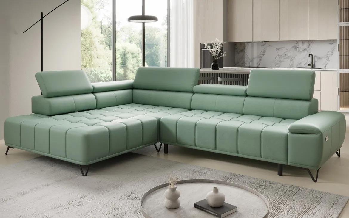 Designer Ecksofa Selora mit elektrischer Schlaffunktion und verstellbarerer Rückenlehne in Echtleder