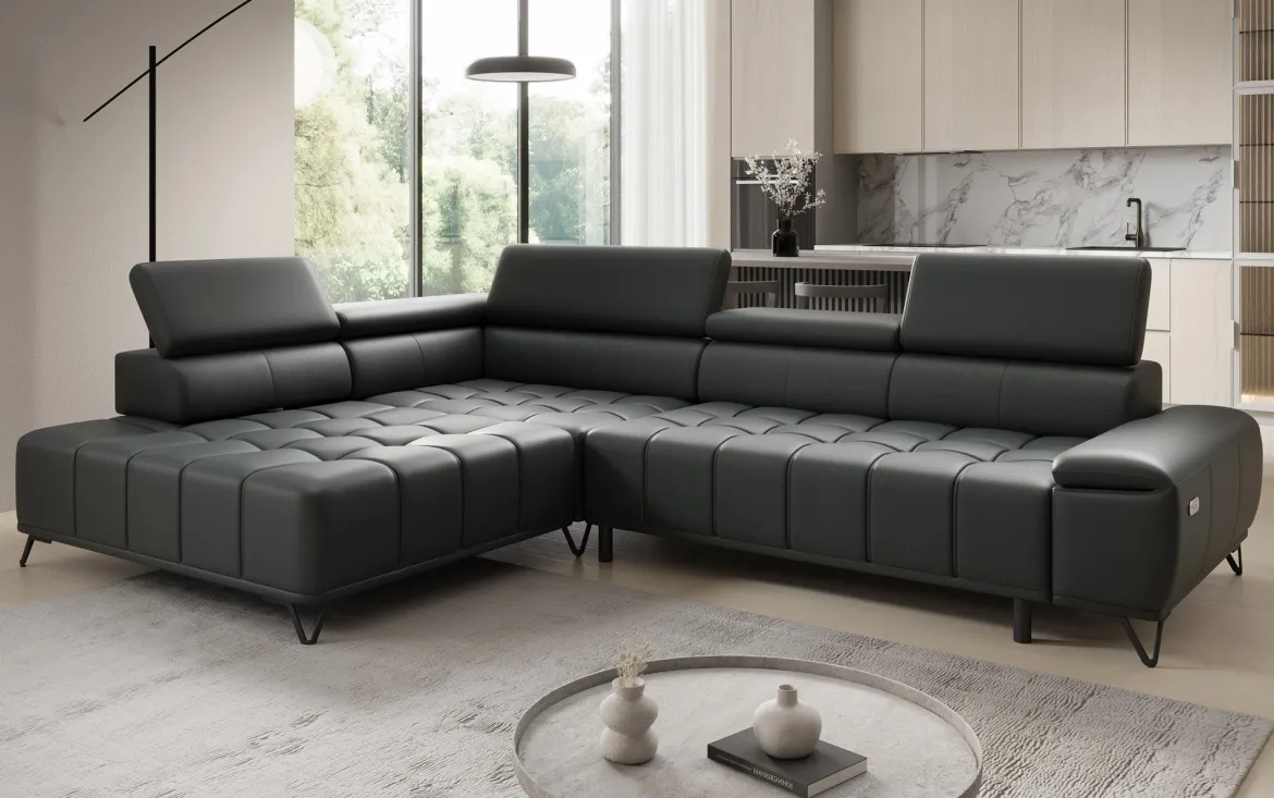 Designer Ecksofa Selora mit elektrischer Schlaffunktion und verstellbarerer Rückenlehne in Echtleder