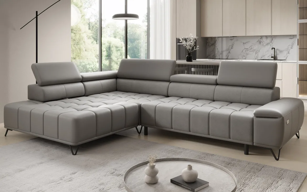 Designer Ecksofa Selora mit elektrischer Schlaffunktion und verstellbarerer Rückenlehne in Echtleder