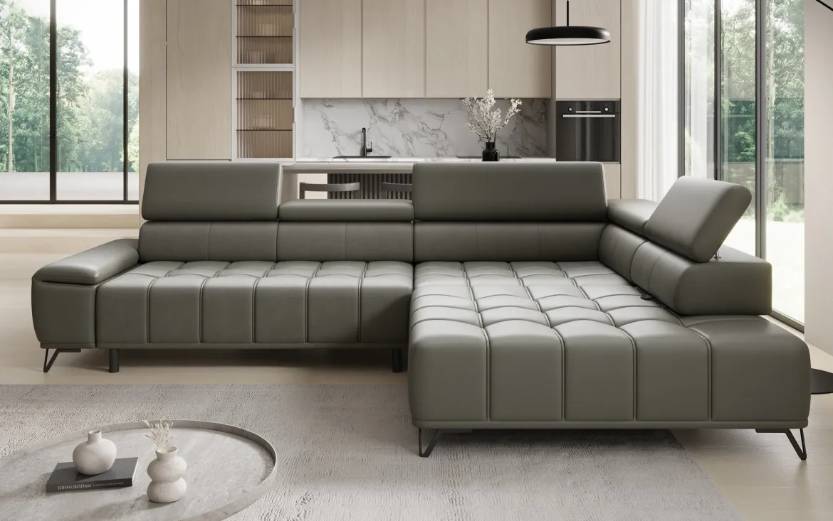 Designer Ecksofa Selora mit elektrischer Schlaffunktion und verstellbarerer Rückenlehne in Echtleder