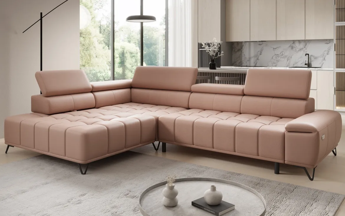 Designer Ecksofa Selora mit elektrischer Schlaffunktion und verstellbarerer Rückenlehne in Echtleder