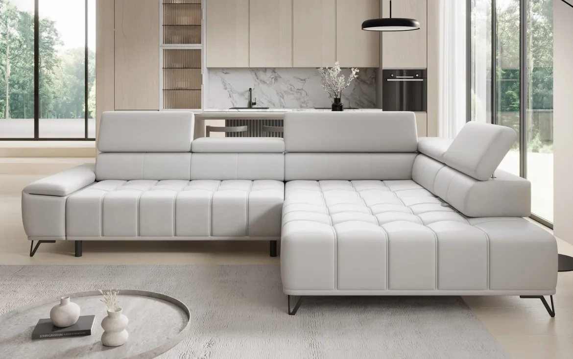 Designer Ecksofa Selora mit elektrischer Schlaffunktion und verstellbarerer Rückenlehne in Echtleder