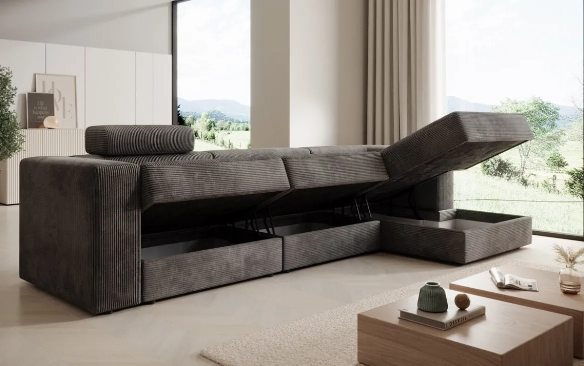 Designer Ecksofa Stockholm in Cord mit Stauraum