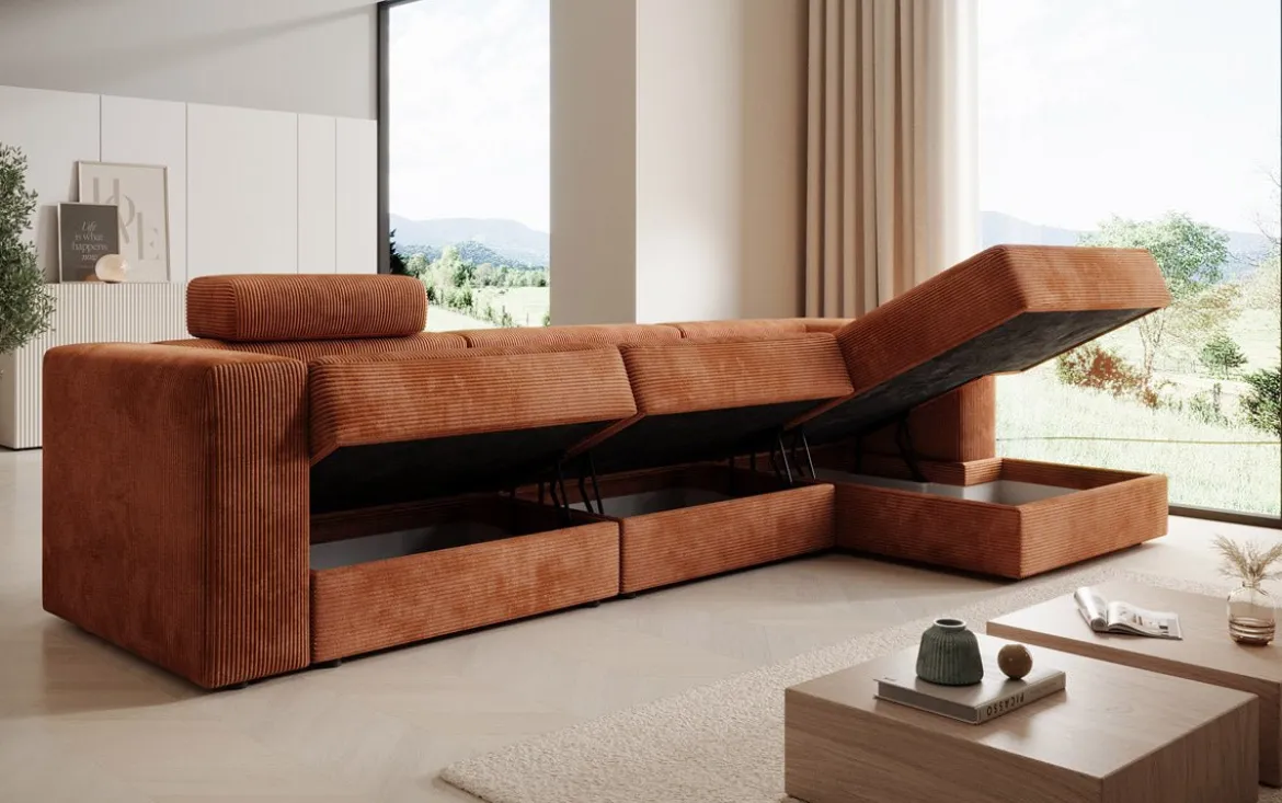 Designer Ecksofa Stockholm in Cord mit Stauraum
