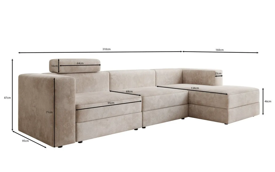 Designer Ecksofa Stockholm in Cord mit Stauraum