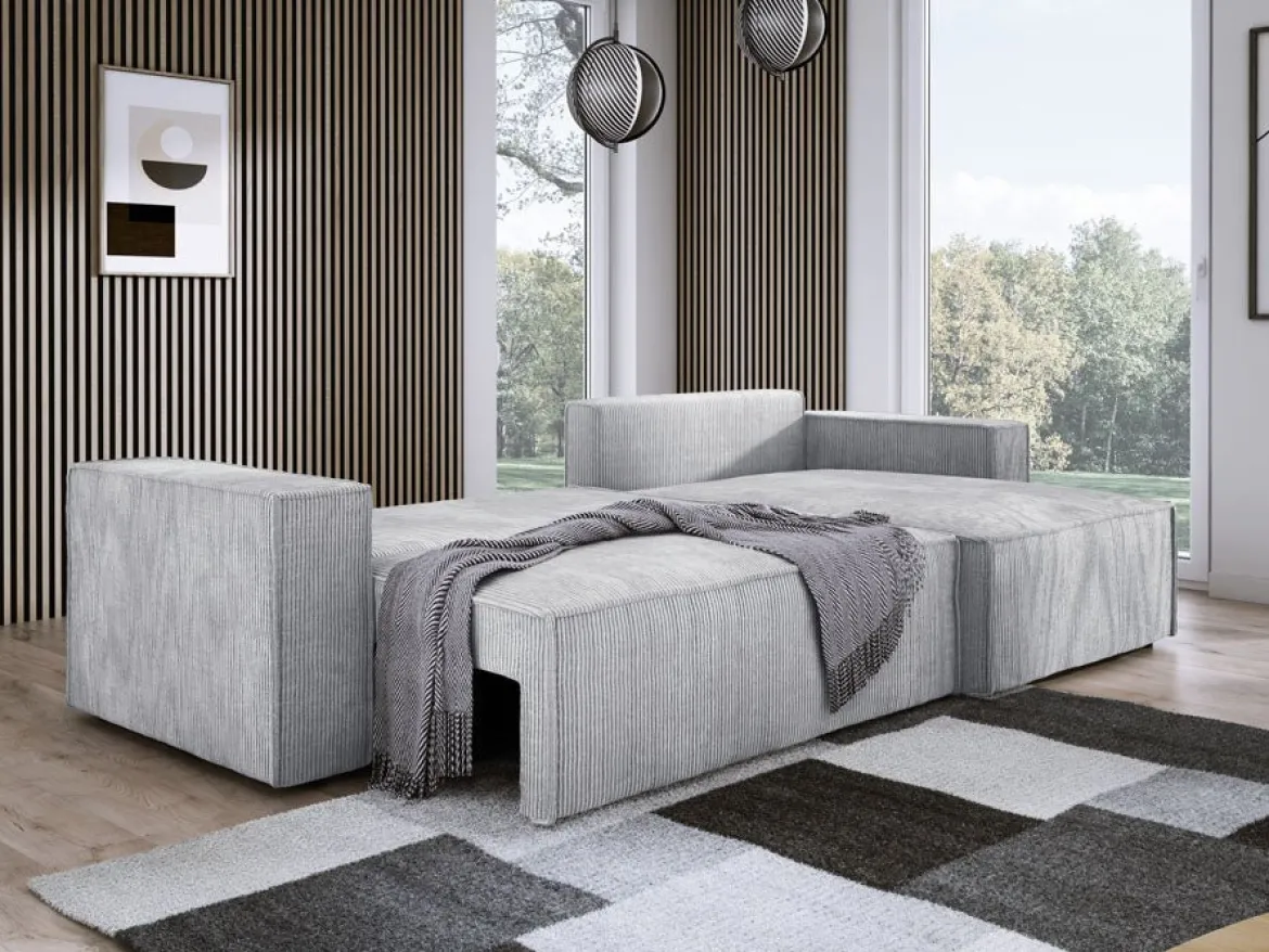 Designer Ecksofa Velanova mit Schlaffunktion und Stauraum aus Cord