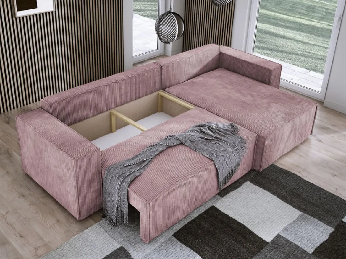 Designer Ecksofa Velanova mit Schlaffunktion und Stauraum aus Cord