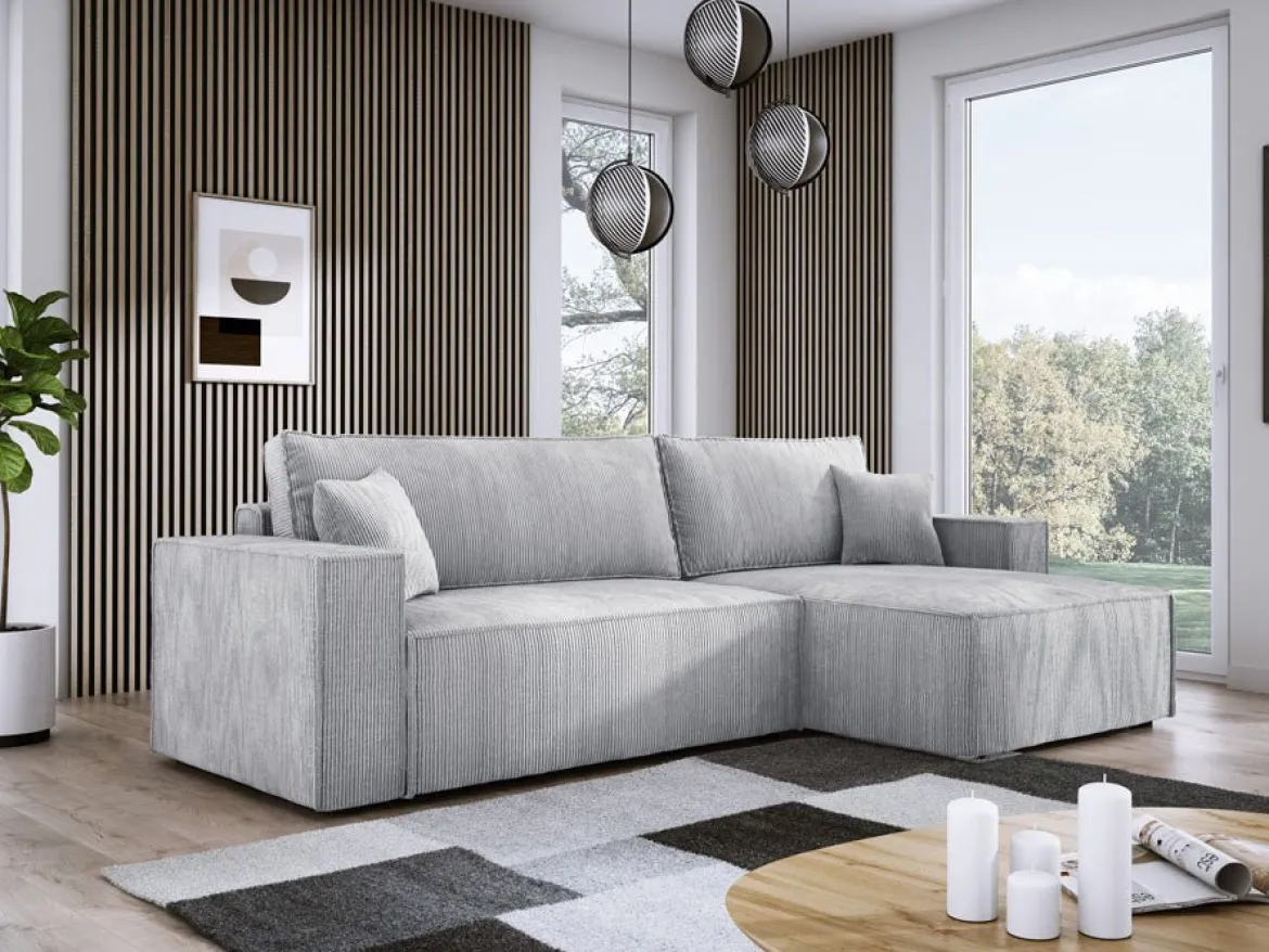 Designer Ecksofa Velanova mit Schlaffunktion und Stauraum aus Cord