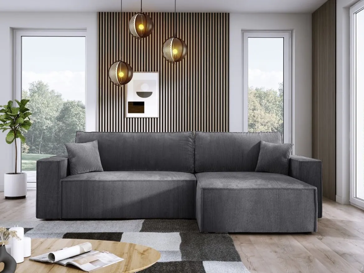Designer Ecksofa Velanova mit Schlaffunktion und Stauraum aus Cord