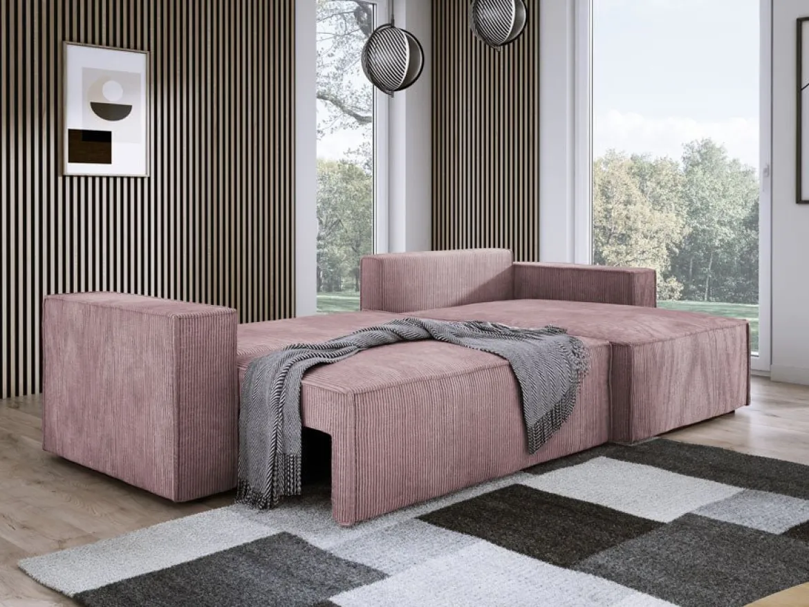 Designer Ecksofa Velanova mit Schlaffunktion und Stauraum aus Cord