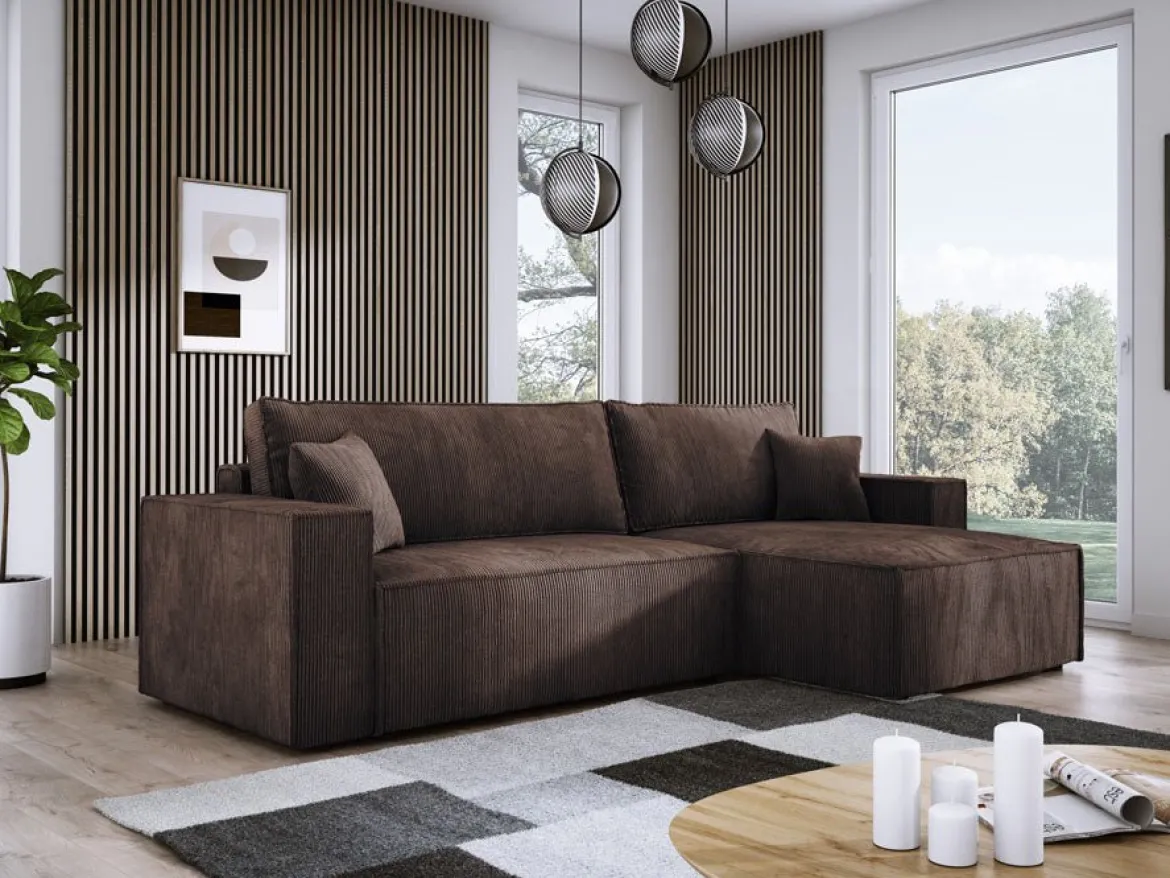 Designer Ecksofa Velanova mit Schlaffunktion und Stauraum aus Cord