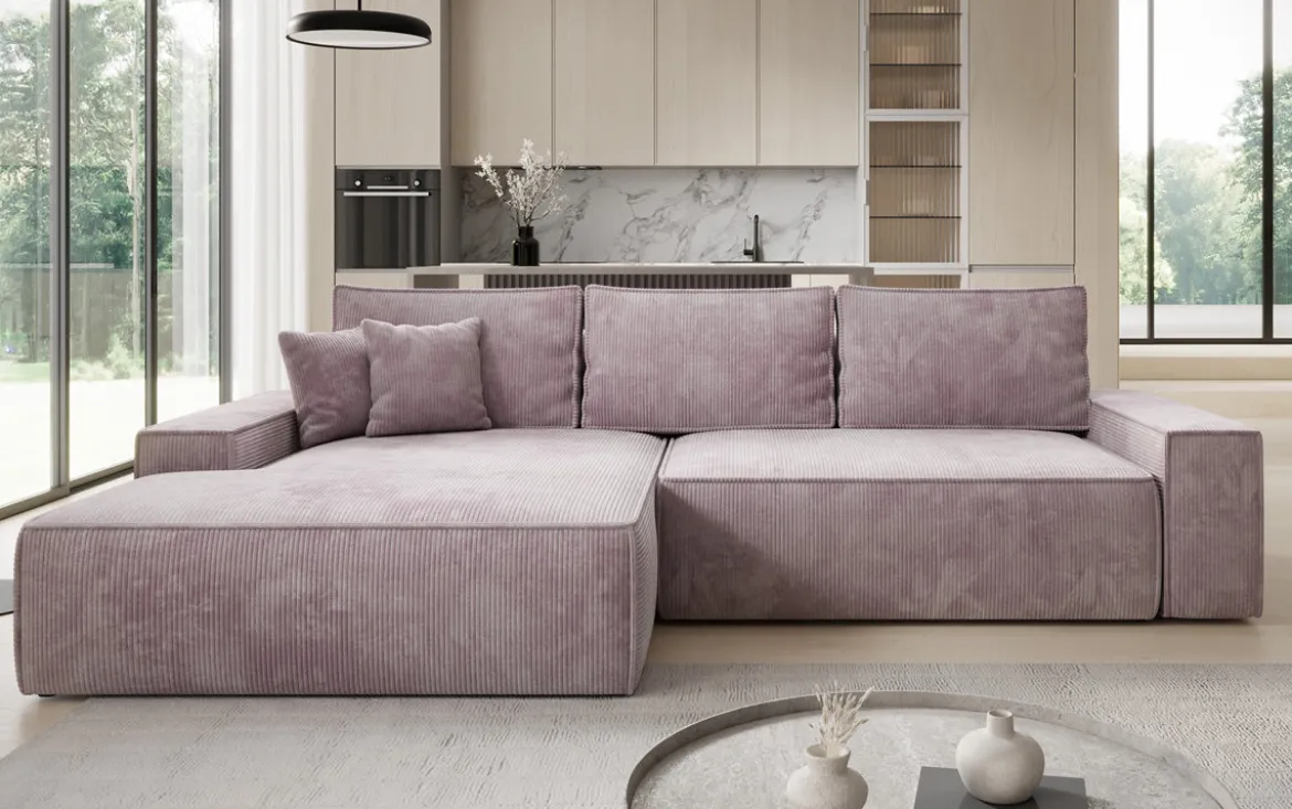 Designer Ecksofa Verona mit breiter Ottomane mit Schlaf- und Klappfunktion in Cord