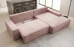 Designer Ecksofa Verona mit breiter Ottomane mit Schlaf- und Klappfunktion in Cord