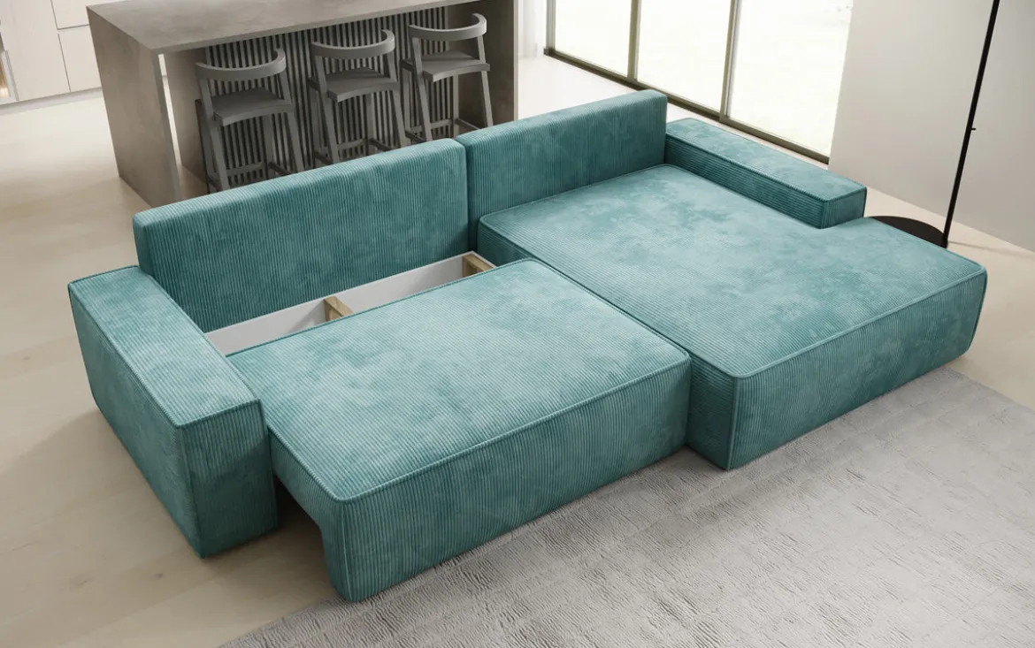 Designer Ecksofa Verona mit breiter Ottomane mit Schlaf- und Klappfunktion in Cord