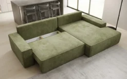 Designer Ecksofa Verona mit breiter Ottomane mit Schlaf- und Klappfunktion in Cord