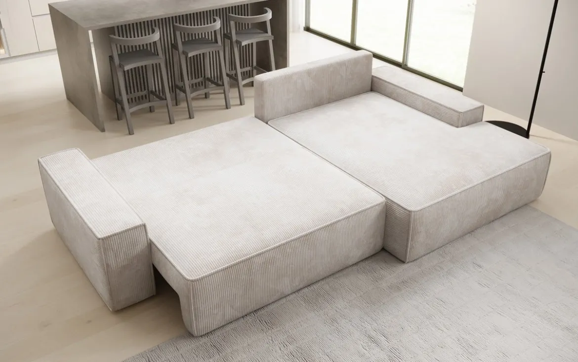 Designer Ecksofa Verona mit breiter Ottomane mit Schlaf- und Klappfunktion in Cord