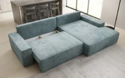 Designer Ecksofa Verona mit breiter Ottomane mit Schlaf- und Klappfunktion in Cord