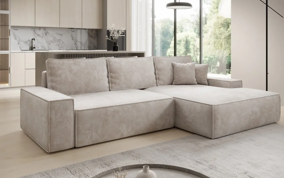Designer Ecksofa Verona mit breiter Ottomane mit Schlaf- und Klappfunktion in Cord