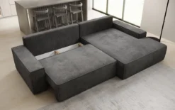 Designer Ecksofa Verona mit breiter Ottomane mit Schlaf- und Klappfunktion in Cord