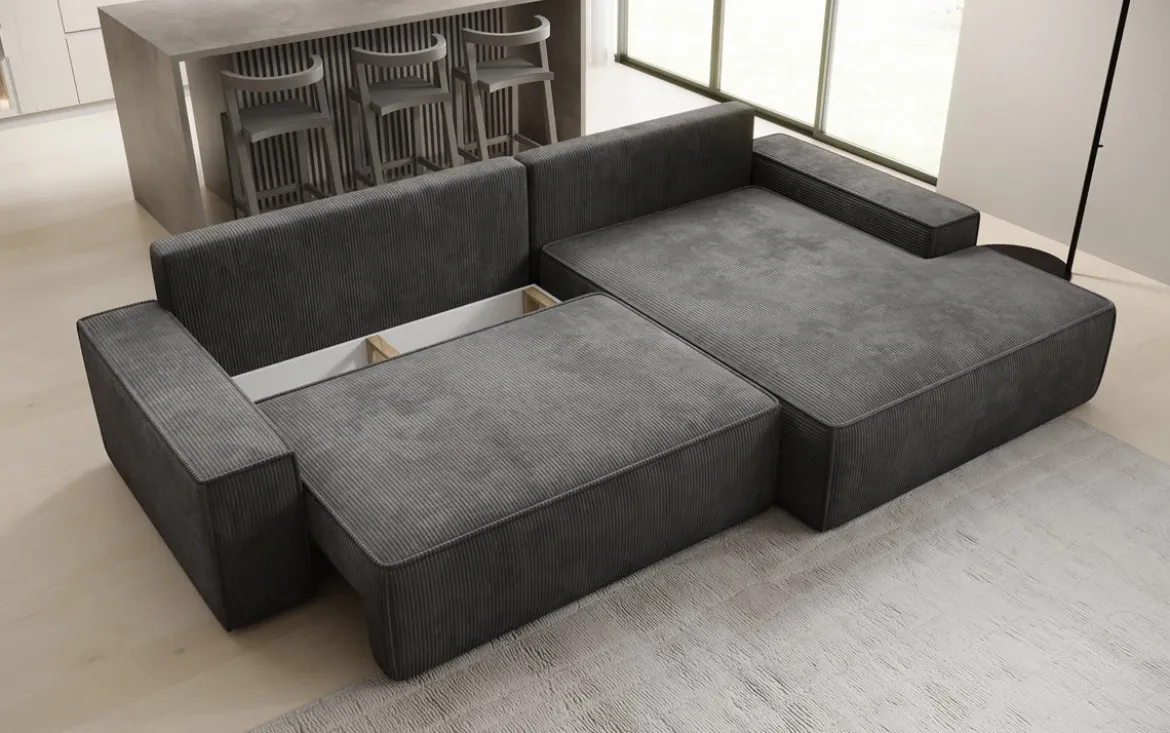 Designer Ecksofa Verona mit breiter Ottomane mit Schlaf- und Klappfunktion in Cord