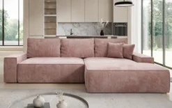 Designer Ecksofa Verona mit breiter Ottomane mit Schlaf- und Klappfunktion in Cord