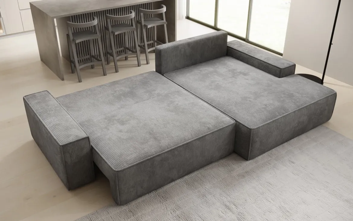 Designer Ecksofa Verona mit breiter Ottomane mit Schlaf- und Klappfunktion in Cord