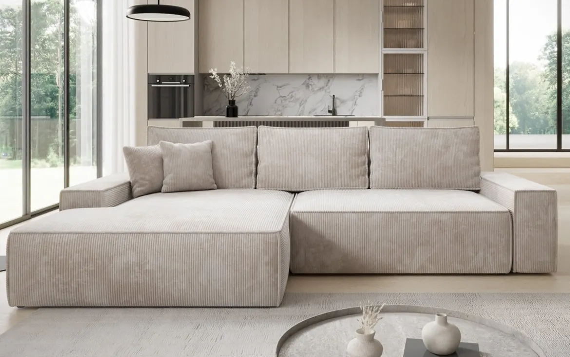 Designer Ecksofa Verona mit breiter Ottomane mit Schlaf- und Klappfunktion in Cord
