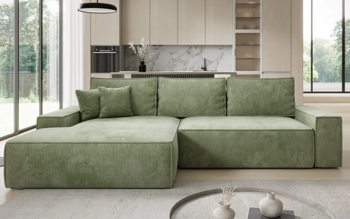 Designer Ecksofa Verona mit breiter Ottomane mit Schlaf- und Klappfunktion in Cord