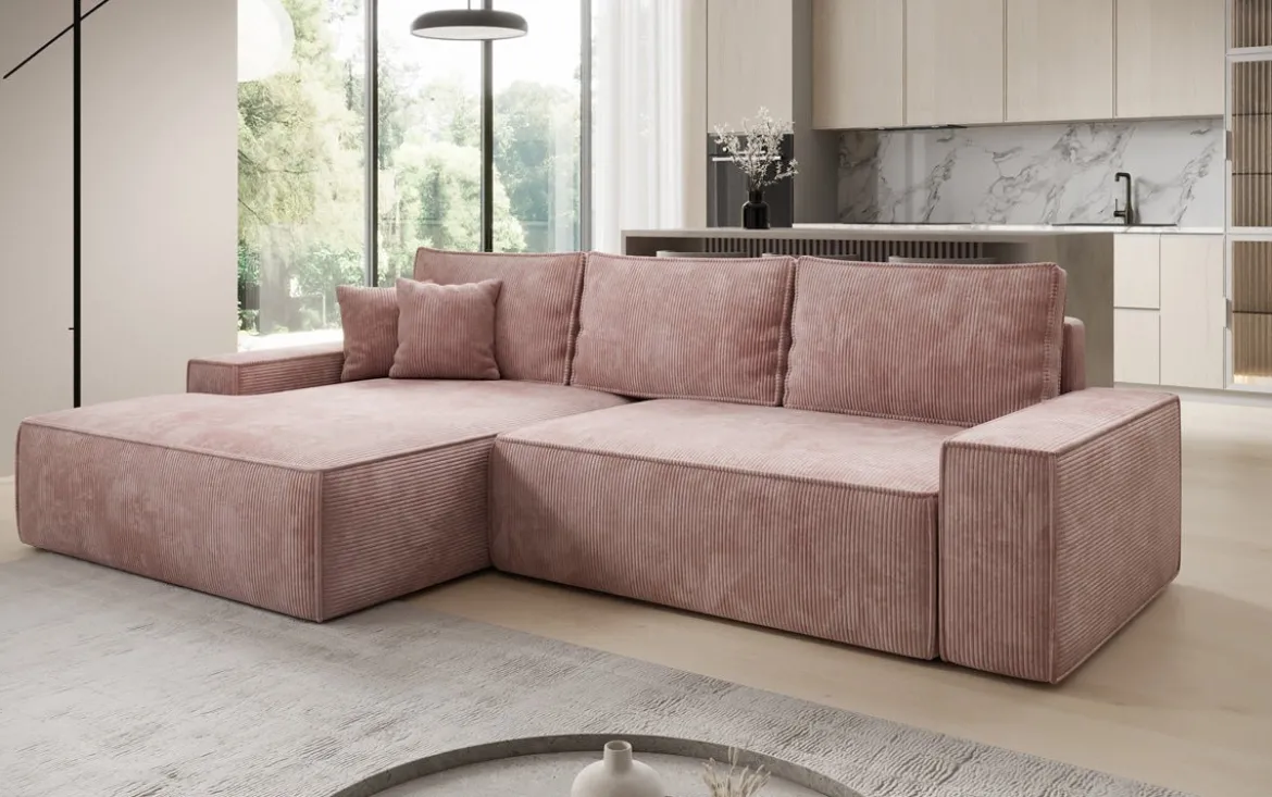Designer Ecksofa Verona mit breiter Ottomane mit Schlaf- und Klappfunktion in Cord
