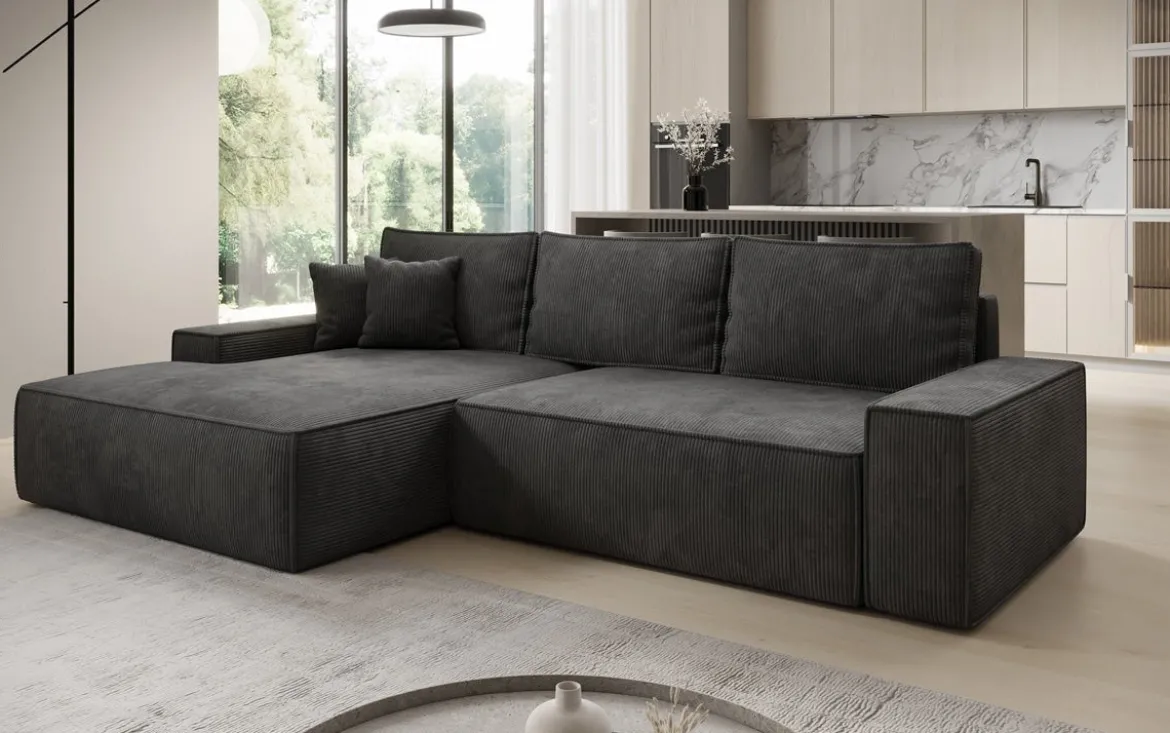 Designer Ecksofa Verona mit breiter Ottomane mit Schlaf- und Klappfunktion in Cord