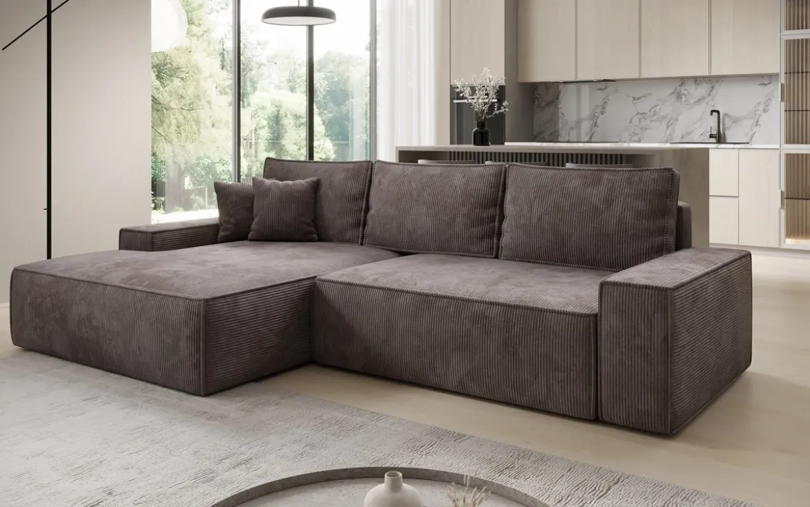 Designer Ecksofa Verona mit breiter Ottomane mit Schlaf- und Klappfunktion in Cord