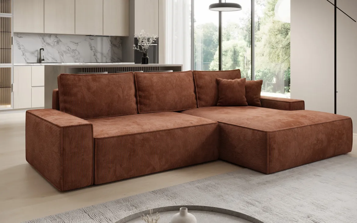 Designer Ecksofa Verona mit breiter Ottomane mit Schlaf- und Klappfunktion in Cord