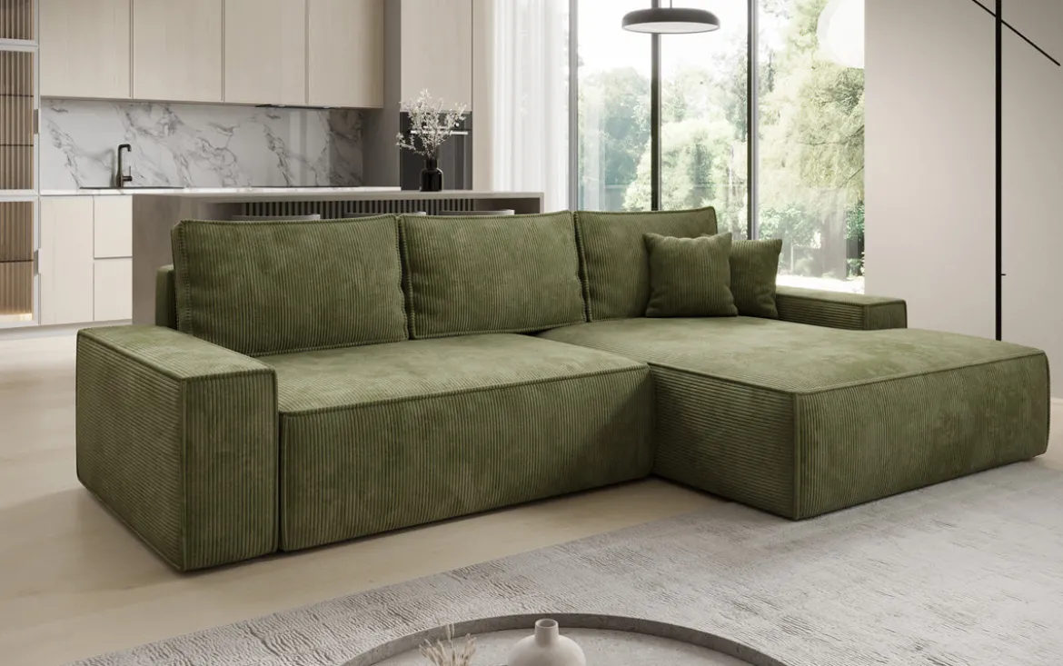 Designer Ecksofa Verona mit breiter Ottomane mit Schlaf- und Klappfunktion in Cord