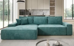 Designer Ecksofa Verona mit breiter Ottomane mit Schlaf- und Klappfunktion in Cord