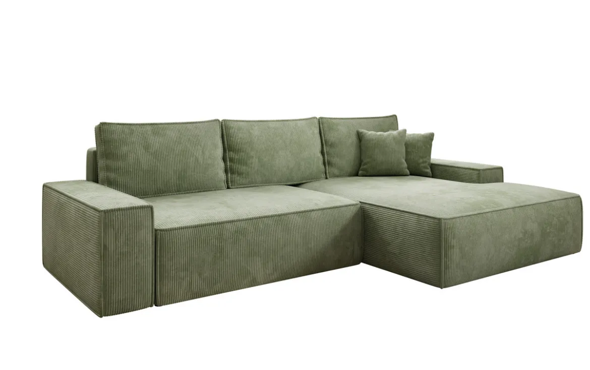 Designer Ecksofa Verona mit breiter Ottomane mit Schlaf- und Klappfunktion in Cord