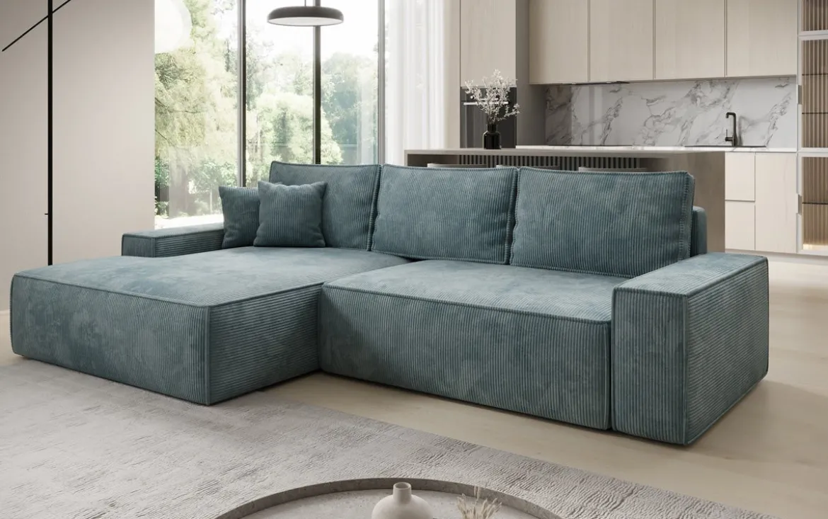 Designer Ecksofa Verona mit breiter Ottomane mit Schlaf- und Klappfunktion in Cord