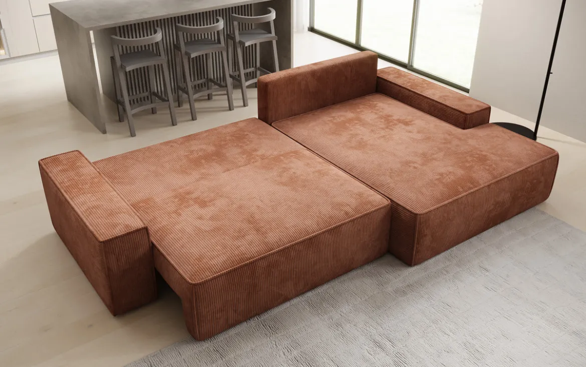 Designer Ecksofa Verona mit breiter Ottomane mit Schlaf- und Klappfunktion in Cord