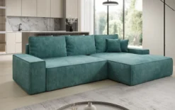 Designer Ecksofa Verona mit breiter Ottomane mit Schlaf- und Klappfunktion in Cord