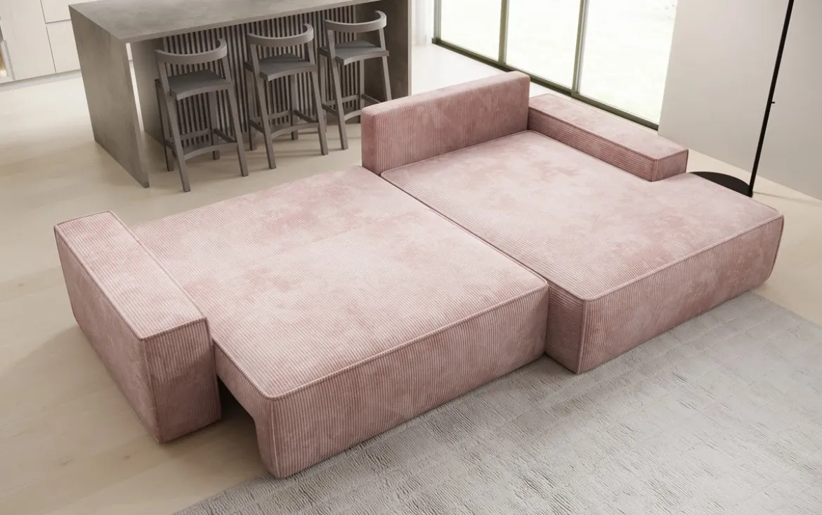 Designer Ecksofa Verona mit breiter Ottomane mit Schlaf- und Klappfunktion in Cord