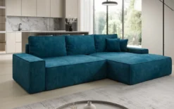 Designer Ecksofa Verona mit breiter Ottomane mit Schlaf- und Klappfunktion in Cord
