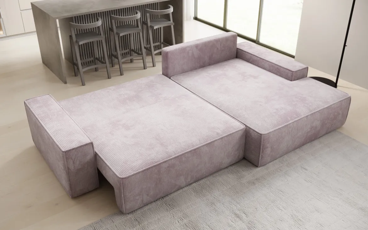 Designer Ecksofa Verona mit breiter Ottomane mit Schlaf- und Klappfunktion in Cord