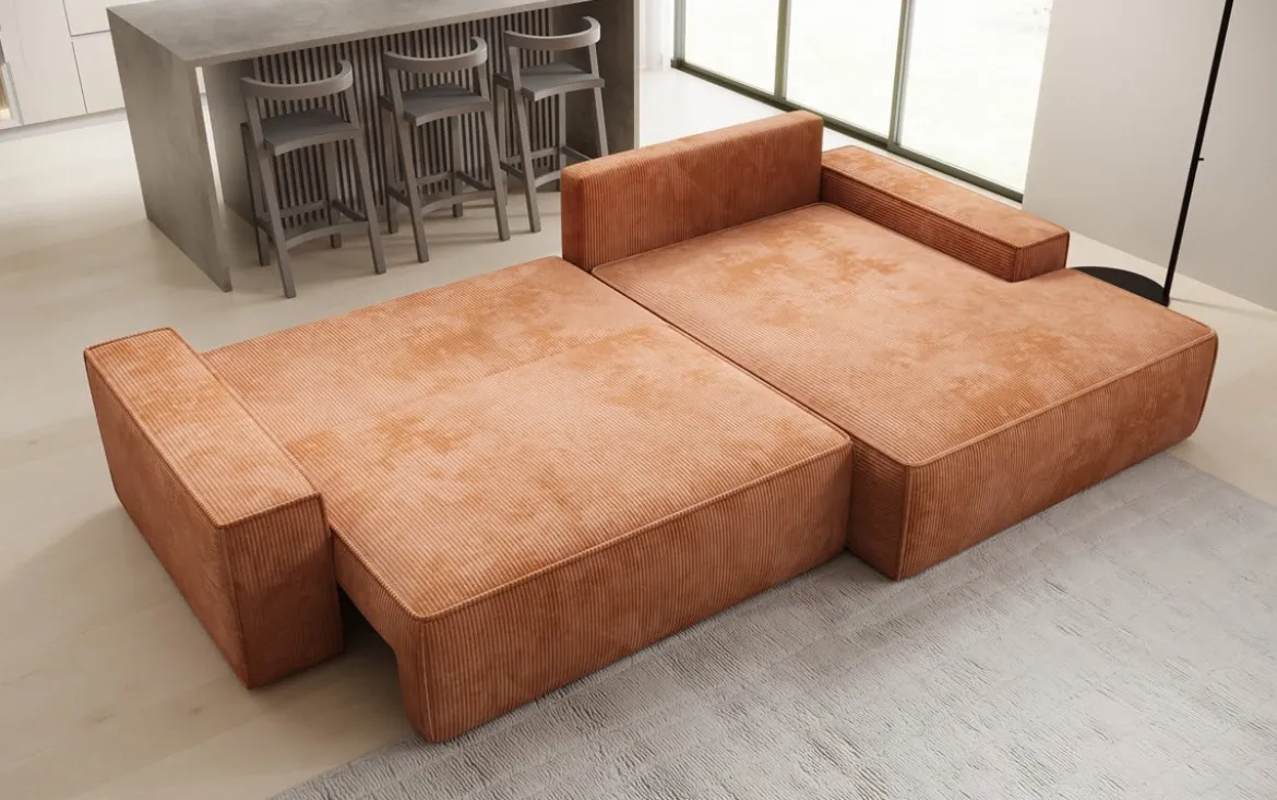 Designer Ecksofa Verona mit breiter Ottomane mit Schlaf- und Klappfunktion in Cord